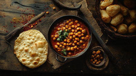 A serving of spicy chole masala chickpea curry accompanied by soft bhature bread on a rustic table.の素材