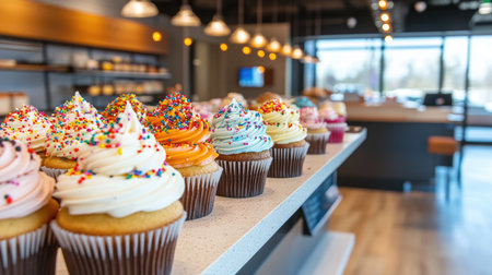 A selection of colorful cupcakes with frosting and sprinkles on display in a modern bakery shop.の素材