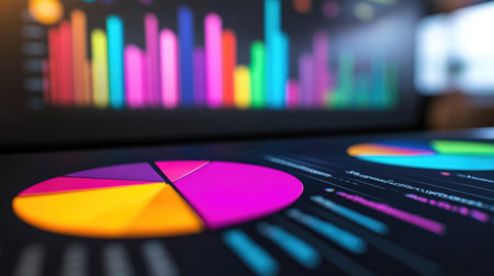A set of business pie charts with vibrant segments, displayed on a projector during a corporate presentation.の素材