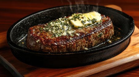 A sizzling hot steak on a cast-iron skillet, with butter melting and herbs sizzling.の素材