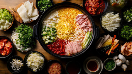 A vibrant arrangement of hot pot ingredients showcases fresh vegetables, noodles, and meat, perfect for a cozy meal. Ideal for culinary enthusiasts.の素材