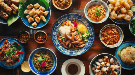 A vibrant assortment of Asian dishes displayed on a wooden table, showcasing rich flavors and fresh ingredients. Perfect for food lovers and culinary enthusiasts.の素材