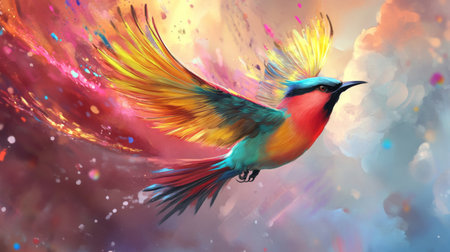 A stunning illustration of a colorful bird in flight, showcasing vibrant feathers and an ethereal background filled with dreamy colors and abstract shapes, exuding beauty and grace.の素材