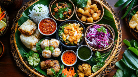 Discover a vibrant assortment of traditional Asian dishes artfully arranged on a bamboo platter, showcasing a variety of flavors and textures for an unforgettable dining experience.の素材