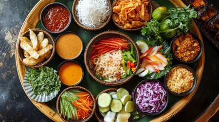 A vibrant display of assorted Asian dishes featuring fresh vegetables, noodles, and sauces. Perfect for showcasing culinary diversity in food photography.の素材