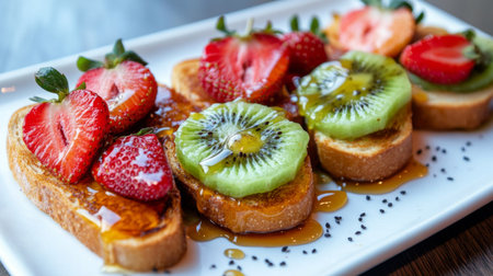 Indulge in this vibrant toast topped with fresh strawberries and kiwi, drizzled with honey and syrup. Perfect for breakfast or brunch ideas!の素材