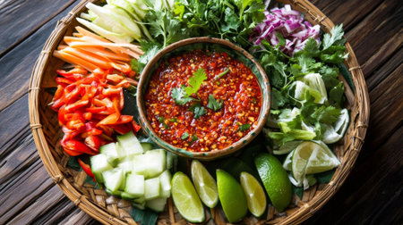 A vibrant arrangement of fresh vegetables and a spicy dipping sauce in a bamboo basket, perfect for enhancing Asian meals or healthy snacks.の素材