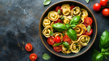 A mouthwatering tortellini dish featuring fresh basil and cherry tomatoes, beautifully arranged in a rustic bowl, perfect for a wholesome meal.の素材