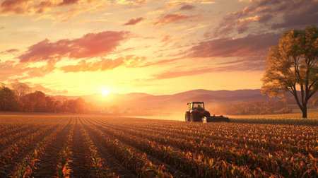 A tractor plowing a cornfield at sunrise, preparing the soil for the next planting season.の素材