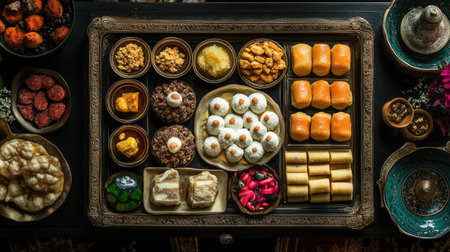 A variety of Indian sweets, including laddoos, barfis, and jalebis, arranged on a festive tray.の素材