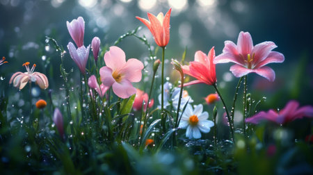 A serene flower garden displaying vibrant blossoms with morning dew. Soft light creates a dreamy atmosphere, highlighting the beauty of nature in full bloom.の素材