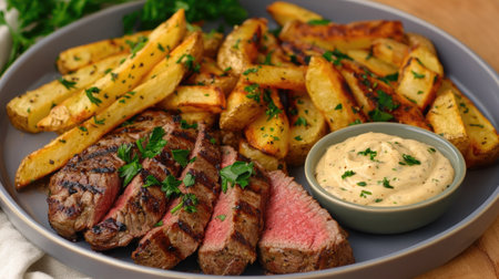 A plate of steak frites featuring a grilled steak alongside crispy French fries, garnished with parsley and served with a flavorful aioli for dippingの素材