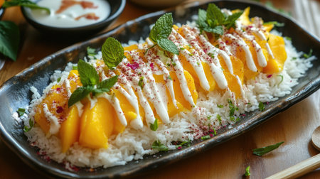 A platter of mango sticky rice, with sweet mango slices, glutinous rice, and a drizzle of coconut cream.の素材