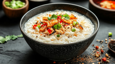 A beautifully presented bowl of savory rice congee topped with fresh herbs, vegetables, and spices, perfect for a comforting meal full of flavor.の素材