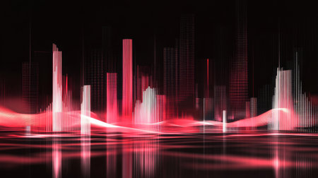 Captivating abstract visual representation of sound waves with vibrant neon colors and reflections. Ideal for technology, music, and art themes.の素材