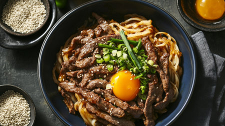 A vibrant bowl of beef noodles topped with a fresh egg and herbs. Perfect for food lovers seeking traditional comfort dishes. Enjoy this savory meal!の素材