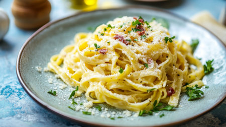 Indulge in a creamy fettuccine Alfredo, topped with Parmesan and fresh parsley, perfect for any meal. A delicious representation of Italian cuisine.の素材