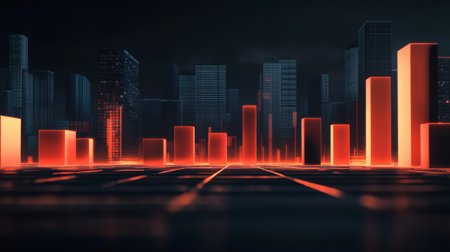 A captivating futuristic cityscape featuring glowing bar graphs against a dark background. Ideal for themes related to technology, finance, and data analytics, this image conveys modern innovation and urban growth.の素材