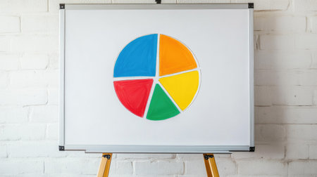 A whiteboard with a hand-drawn pie chart representing business revenue distribution during a team meeting.の素材