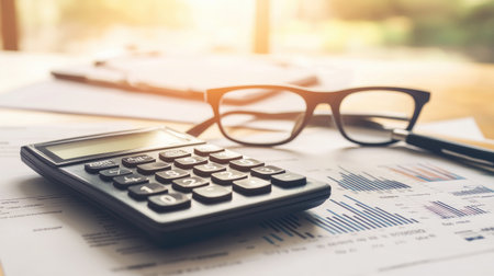 Calculator, eyeglasses, and a pen on top of a financial report with bar and line graphs, representing business analysis and forecastingの素材