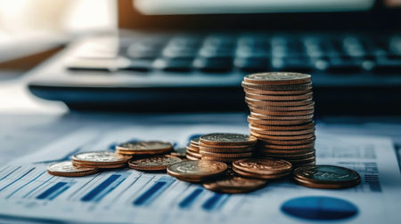 Calculator and stacked Thai baht coins on top of financial reports with bar graphs and figures, creating a finance-themed workspaceの素材