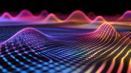 A visual concept showing electromagnetic radiation interacting with a grid, representing data transmission in telecommunications.の素材