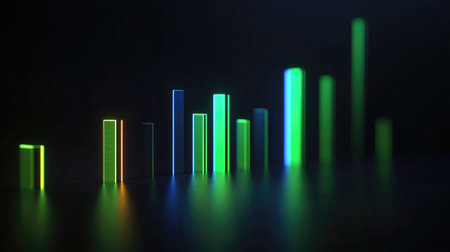 Blue and green bar chart with columns of varying heights, glowing on a dark background with subtle digital data textures and iconsの素材