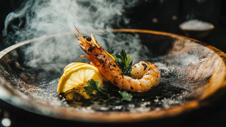 Close-up of grilled shrimp with a golden char on the shell, hot and steaming on a wooden plate, surrounded by fresh herbs and lemon slices for garnishの素材