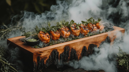 Succulent grilled shrimp, hot and steaming with a golden-brown crust, served on a wooden platter with fresh herbs and dipping sauceの素材