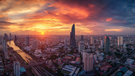 This stunning aerial view captures a vibrant sunset over a bustling city skyline, showcasing modern architecture, a winding river, and a colorful sky.の素材