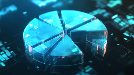 A modern 3D pie chart rendered in transparent blue tones against a digital background. This image represents data visualization and analytics in a futuristic style.の素材