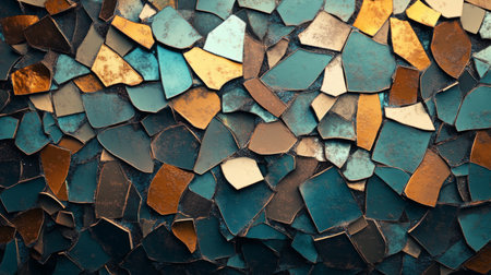 A vibrant assortment of mosaic tiles featuring unique shapes and varied textures. This artistic background can enhance various design projects with its colorful and rustic appeal.の素材