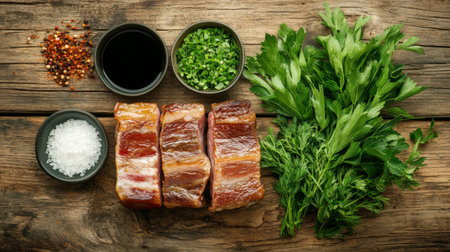 A vibrant arrangement of fresh meat, herbs, spices, and salt on a rustic wooden surface, perfect for culinary preparation and cooking inspiration.の素材