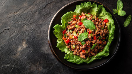 Delight in fresh lettuce wraps filled with savory ground meat and vibrant vegetables. A healthy and colorful dish, perfect for a nutritious meal or snack.の素材