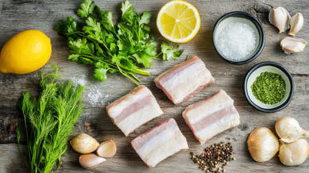 Vibrant arrangement of fresh ingredients for seafood, featuring herbs and citrus on a rustic wooden table. Perfect for culinary enthusiasts looking to create delicious meals.の素材