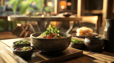 A beautifully presented dish garnished with fresh herbs and vibrant ingredients, set in a cozy restaurant featuring warm lighting and inviting ambiance.の素材