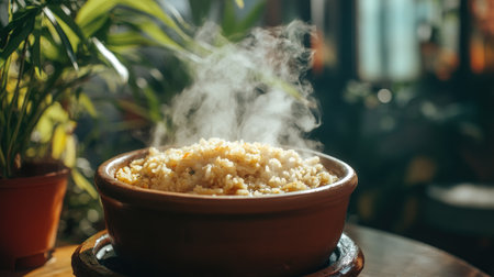 A clay pot filled with steaming rice, with steam tendrils illuminated by sunlight, creating a cozy and homely atmosphereの素材