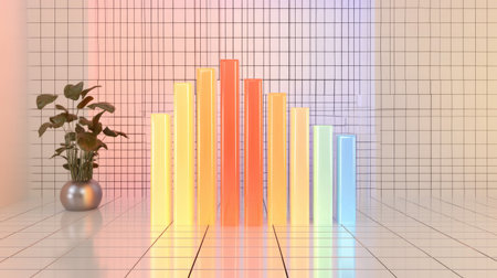 A 3D bar graph with smooth, reflective bars in gradient shades, each bar representing data, with a modern digital grid in the backgroundの素材