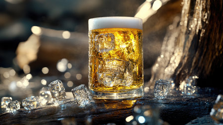 A beautiful beer glass with ice cubes and a refreshing golden beer, highlighted with condensation on the glass, surrounded by a relaxed ambianceの素材