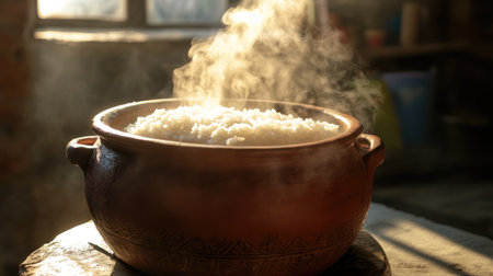 A clay pot filled with steaming rice, with steam tendrils illuminated by sunlight, creating a cozy and homely atmosphereの素材
