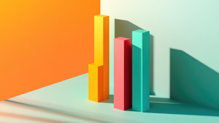 A 3D bar graph with rising colored blocks, casting long shadows on a light gradient background for a clean and modern lookの素材