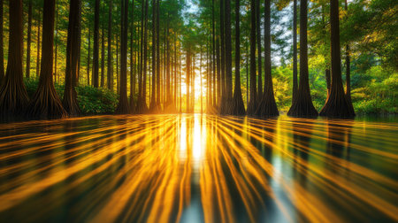 A calm mangrove forest with tall trees stretching toward the sky, their roots creating patterns in the shallow water, with lush vegetation aroundの素材