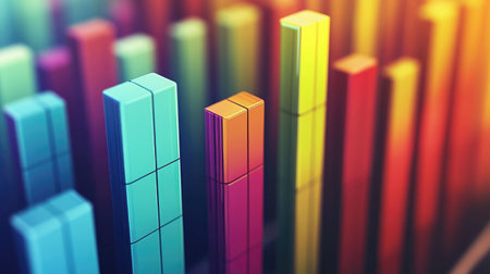 A colorful 3D bar graph with each bar representing a different data point, set against a soft gradient background to emphasize clarity and precisionの素材