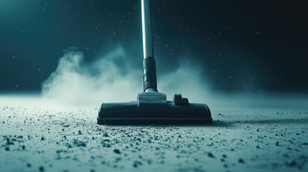 A close-up shot of a powerful vacuum cleaner with a long hose, placed on a clean white floor with dust particles scattered nearbyの素材