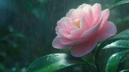 A delicate pink camellia flower adorned with dewdrops, its soft petals contrasting beautifully with the rich green leaves behind itの素材