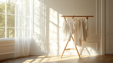 A clothes drying rack with light cotton clothes hanging, situated in a room with bright natural light filtering through a window, giving a fresh and clean lookの素材