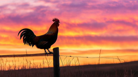 A dramatic silhouette of a rooster on a fence at sunrise, with the sky painted in shades of orange, pink, and purple behind itの素材