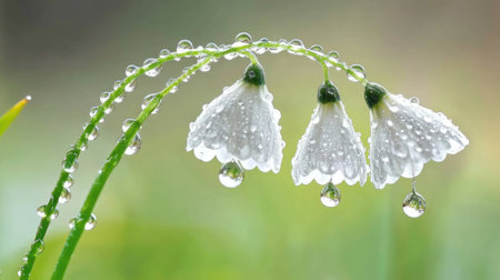 A delicate white daisy with tiny water droplets clinging to its petals, set against a soft-focus background of lush greeneryの素材