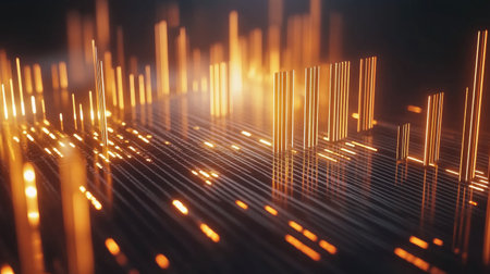 A dynamic 3D bar graph with glowing bars of varying heights, set on a sleek metallic surface, illustrating business and financial data trendsの素材