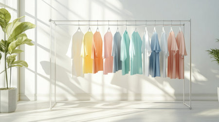 A drying rack with colorful clothes hanging in a well-lit indoor space, creating a homey and fresh atmosphere with soft shadows and natural lightの素材